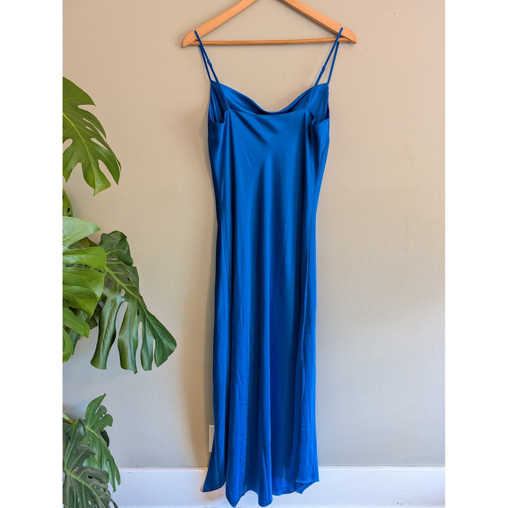 Express Blue Satin Cowl Neck Maxi Dress Side Slit Cobalt Slip Dress Sleek Chic